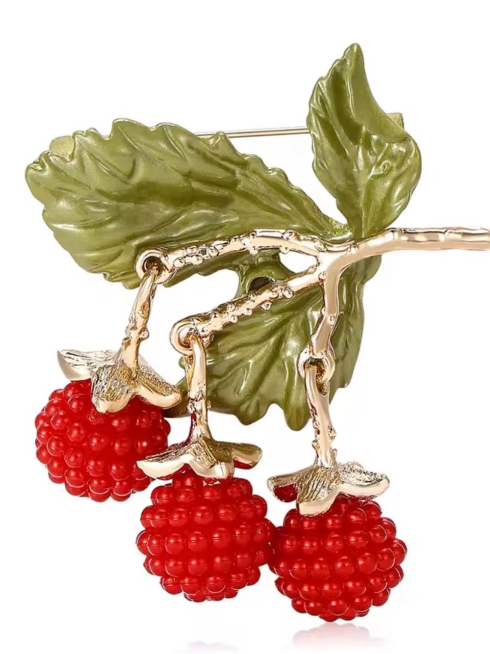 Gold-Tone Leaf Brooch with Green Enamel and Red Berry Clusters - Picture 5 of 10